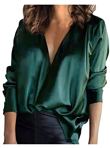Blusa Mujer Elegante Fiesta Raso Blusas Elegantes de Satén Talla Grande Camisa Manga Larga Seda Boda Camiseta Color Sólido Oficina Tops Cuello Abierto Moda Top Cómodo Chic Casual Básico