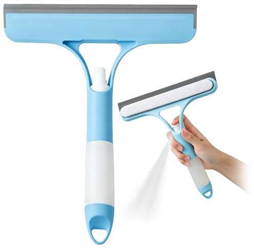 3 in 1 Window Cleaning Scraper with Spray Bottle, 8.5In Handheld Window Cleaner Squeegee, Glass Cleaning Scraper Shower Cleaning Tool Use in Home Blue