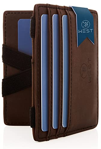 WEST® - Magic Wallet mit Münzfach + Geschenkverpackung - magische Geldbörse kompakt & klein - Trick Geldbörse - extra Starke Geldbänder - dünne mit Münzfach - RFID Schutz (Braun-Schwarz)