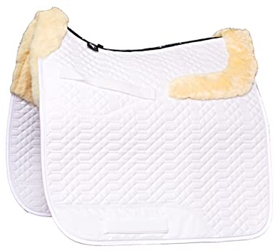 Engel Reitsport SCHABRA4-D-WEI-MED Lammfell Dressur Schabracke | half lined, Fell im Sattelbereich, Fellkranz v&h, robuster Baumwoll Steppstoff, Dressur, Stoff weiss Fell med.