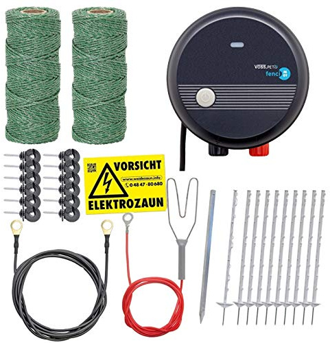 VOSS.farming Hundezaun Komplettset 100m Elektrozaun, ideal für Einzäunungen in Ihrem Garten mit umfangreichem Zubehör, anschlussfertig mit 300m Weidezaunlitze grün, 20 weiße Pfähle 105cm