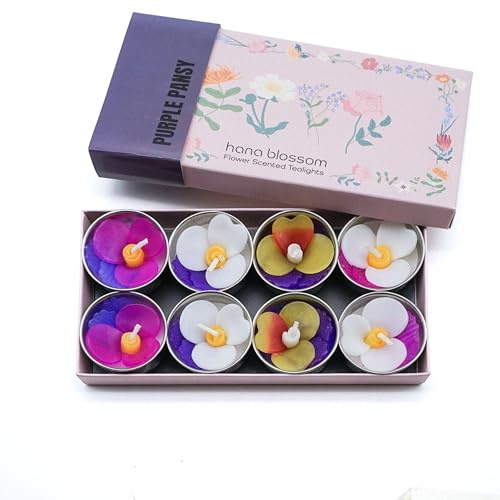8 Handmade Purple Pansy Scented tealights with Neroli Essential Oil in a Botanical Gift Box