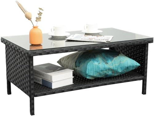 Outdoor Wicker Coffee Table Patio Furniture Garden Rattan 2-Layer Glass Table with Storage and Furniture Cover, Black