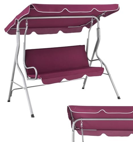Juskys Hollywoodschaukel 3-Sitzer mit verstellbarem Dach & Sitzauflage - 200 kg belastbar - wasserabweisendes Polyester - Anti-Rutsch-Füße - Schaukelbank für Garten & Terrasse - rot