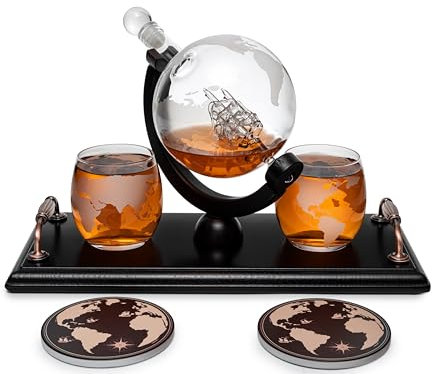 Krown Kitchen - Juego de decantador de globo. Incluye base de madera, 2 vasos, 2 posavasos, vaso de chupito y embudo. Este juego de decantador y vaso de whisky tiene una capacidad de 850 ml