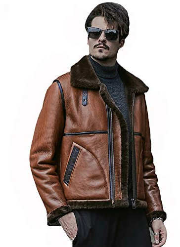 Denny&Dora Lammfell jacke Herren Braun Leder jacke Winter jacke Kurzmantel Merino Fell jacke Echtleder (Braun, M)