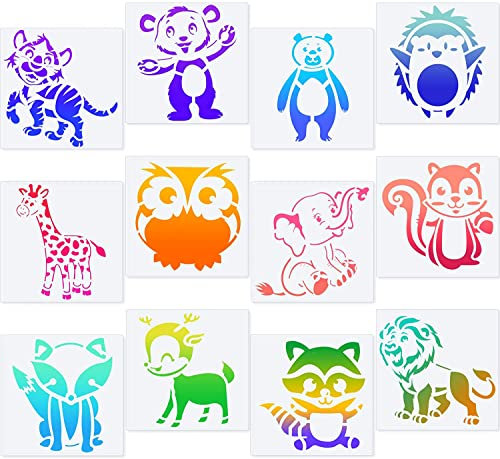 TONAUP Tiermalerei Schablone Set, 12 Stücke Malerei Schablone Tiere Vorlagen, Kunststoff Zeichnungs Schablonen Set Waschbar für DIY Basteln
