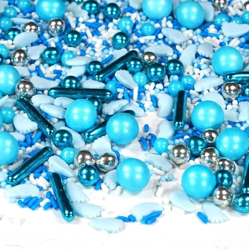 Streusel Füßchen weiss blau 180g von STREUSEL GLÜCK Zuckerstreusel Babyshower Junge Showerparty Sprinkles für Tortendeko Geburtstag Taufe Party Muffins Cupcakes Cake Pops