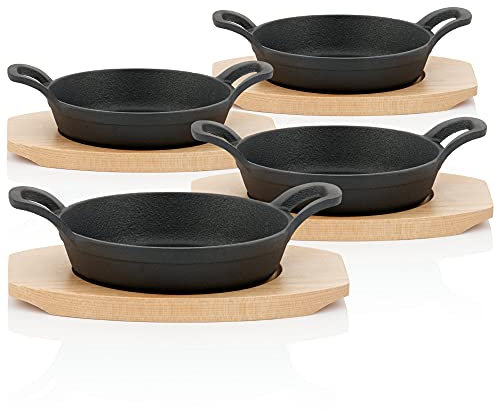 BBQ-TORO padella da portata in ghisa con base in legno | Ø 16 cm | già stagionata | padelle in ghisa per grill, padella da portata, padella per grill, padella in ghisa. (4)