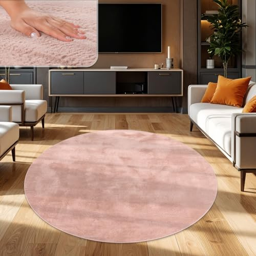 TT Home Tappeto Soggiorno Moderno a Pelo Corto - Morbido e Antiscivolo, Lavabile, per Camera da Letto, in Finta Pelliccia, Colore: Rosa Rosa, Dimensione:80 cm tondo