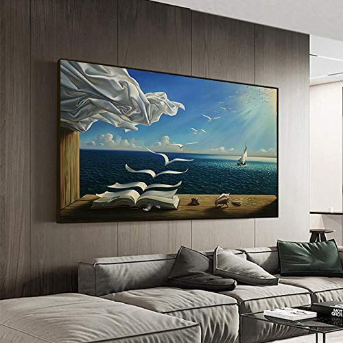Xinmei Art Salvador Dali Ölgemälde Die Wellen Buch Segelboot Wandgemälde auf Leinwand Poster und Drucke Wandkunst Bilder Dekoration 60x90cm (24x35in) Mit Rahmen