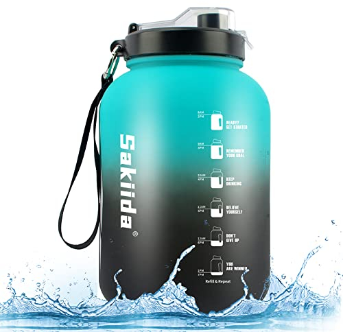 Sakiida 2.2 Litre Half Gallon Big Water Bottle With Removable Straw & Handle & Strong Strap - BPA Free Large Motivational Water Jug With Time Markings For Gym Sports Workout （2.2L） (B/G)