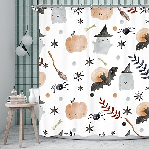 Ufeela Rideau de douche d'Halloween pour enfants 152,4 x 183 cm (l x L) - Motif dessin animé fantôme citrouille - Ensemble de salle de bain - Chauve-souris - Toile d'araignée - Chapeau de magicien