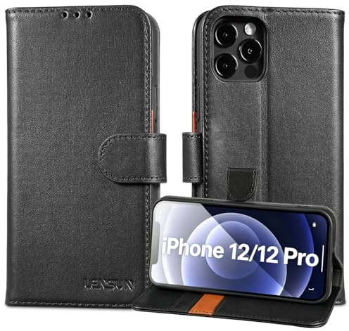 LENSUN Echtleder Hülle für iPhone 12, iPhone 12 Pro Case, Schwarz