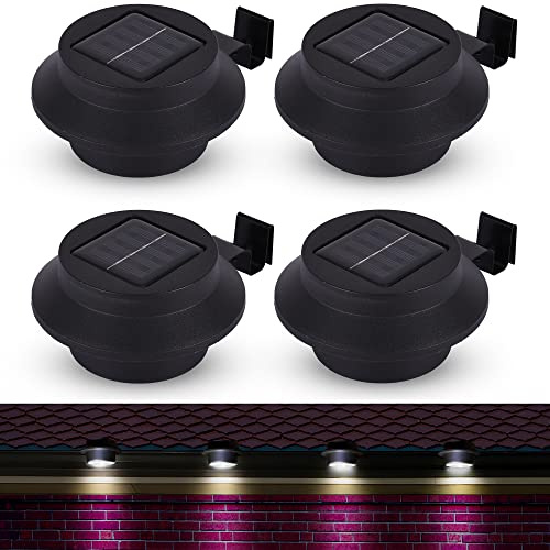 ASAB Solar Powered Gutter LED Lights. Outdoor Garden, Fence, Patio Solar Lights. White LED Bulbs. Auto ON/Off, Weatherproof, Water Resistant (Black, 4 Lights)