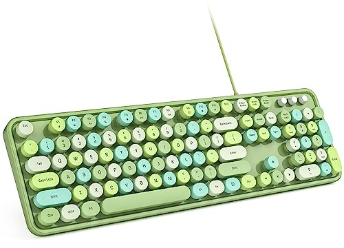 MOWUX Datortangentbord med sladd, plug play USB retro runt skrivmaskinstangentbord, kabelanslutet tangentbord i full storlek med vikbart stativ för bärbar dator och kontorsdator – grönt färgglatt