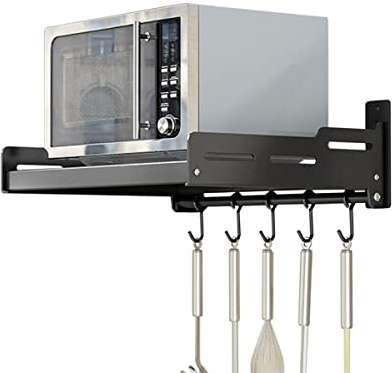 Redwestmelon Wall Mounted Microwave Oven Rack Kitchen Shelf, Stainless Steel Spice Rack Cooker Storage With 5 Hooks