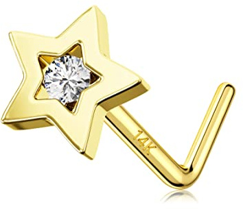 Melighting Nasenringe 14 Karat 585Echt Gold Nasenstecker Stud Nasenring L Form Nasen Screw 20G(0,8mm) Sterne Diamant Piercing Nasen Nostril Piercing Schmuck