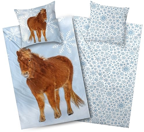 Aminata kids Bettwäsche 135x200 Kinder Pferde Biber Flanell Baumwolle | blau braun - Mädchen | 2- teilige warme & weiche Kinder-Wende-Bettwäsche-Set Pony