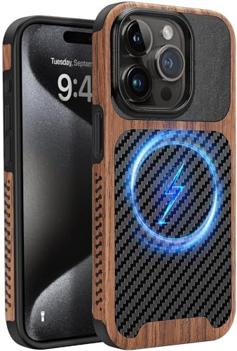 ZZDZZ Cover Magnetica per iPhone 15 Pro Compatibile con MagSafe, Custodia in Legno con Carbonio e Pelle Design Protezione Antiurto Cover Compatibile con iPhone 15 Pro (Nero)