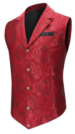 Allthemen Röd Paisley Väst för män, Steampunk, Gotisk, Enkelknäppt, Bröllop, Fest, XXL