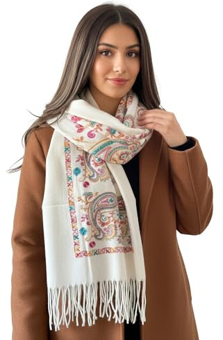 Women Pashmina Scarf Shawl Wrap - Large Long Paisley Floral Rainbow Ladies Scarves, Wearable Blanket Scarf, Womens Winter Scarfs, Indian Shawl Wedding Evening Stole, Cashmere (White Rainbow Paisley)