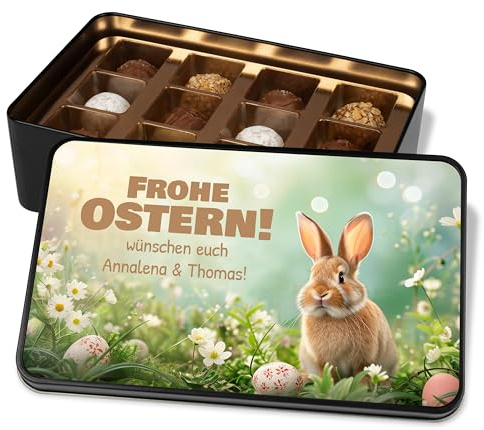 True Statements personalisierte Pralinendose zu Ostern - Dein Ostergeschenk „Frohe Ostern“ - Osterhase in Gänseblümchen -Geschenkdose mit 12 Confiserie-Pralinen