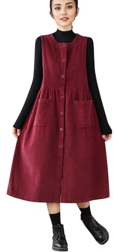 LAEMILIA Abito da donna in velluto a coste con bottoni, girocollo tinta unita, abito midi lungo con tasche, Rosso, M