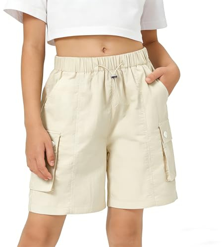 Rolanko Niñas Pantalones Cortos Deporte Activo Cargo Shorts de Verano para Niños Running Gimnasio Danza, Beige, Talla: 11-12 Años/160