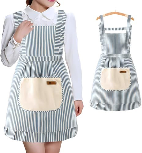 JYJLLM Floral Apron for Women, Flower Neck Cooking, BBQ, Easy Clean Kitchen Apron for Cooking, Gardening, Housework (Blue Stripes)