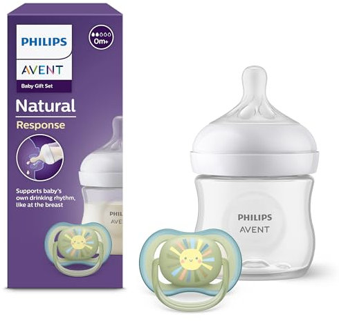 Philips Avent Natural Response Baby Gift Set, Natural Response Baby Bottle 4oz/125ml with T2 (0m+ Teat), Ultra Air Pacifier, Model SCD837/10