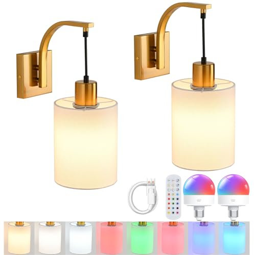 JHYPVII Gold Battery Operated Wall Sconce Set of 2, RGB Dimmable Rechargeable Wall Lights with Detachable Bulb and Remote, 15 Colors Wireless Wall Lamp Indoor for Bedroom Living Room Hallway