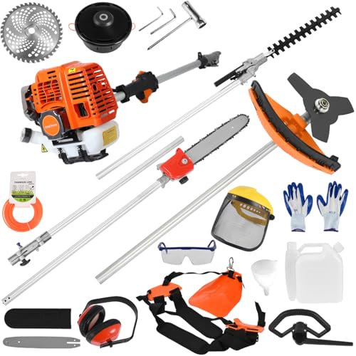 HshDUti Outil Multifonction 5en1 Thermique - Débroussailleuse, Coupe-bordure, Élagueuse, Taille-haie, Tronconneuse - Moteur 52 cm³, 2t 3cv - Orange Professionnel