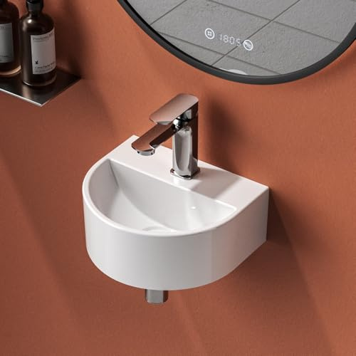 EMKE Lavabo semi-circular 303 x 255 x 120 mm, lavabo suspendido para fijar en la pared, lavabo de cerámica para WC de invitados y baño, blanco brillante