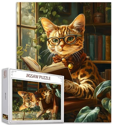 Cute Cat Reading Books 1000 Piece Jigsaw Puzzle for Adults Kitten with Glasses in Study Room Jigsaw Puzzles Hard Difficult Challenging Family Activity Game DIY Handwork Puzzles Home Decor Gifts
