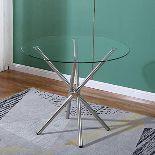 Moderna mesa de comedor redonda de cristal con patas cromadas, mesa de cocina para restaurantes, oficinas y cafeterías, 90 cm de diámetro, duradera y elegante
