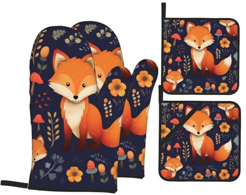 Cute Animal Fox Flower Oven Mitts And Pot Holders 4 Pcs Set - Anti-Skid Oven Gloves, Insulated Microwave Oven Mitts And Cooking Mitts For Kitchen Baking Bbq Grilling