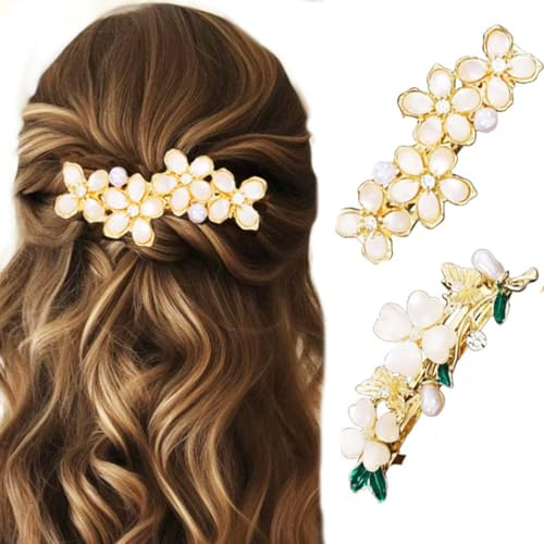 Jovono Französische Haarspangen mit Blume, goldfarbene Blume, Hochzeit, Haarspangen, Vintage-Opal, Strass, Haarschmuck für Damen, 2 Stück