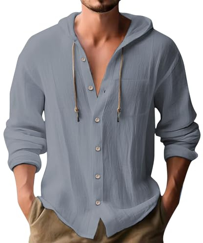 Generisch Camisa de lino para hombre de algodón de manga larga, holgada con capucha, camiseta de verano ligera y sencilla, de manga larga, transpirable, de secado rápido, con capucha, cordón, tiempo