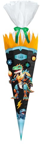 Ursus 10040002 - Diamond Painting Schultüten-Bastelset Easy Line Robo T-Rex, Schwarz, 6-eckig, aus 3D-Colorwellpappe, 68 cm, Durchmesser ca. 20 cm, zum Basteln einer Zuckertüte