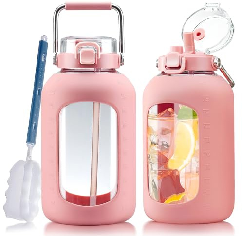 WINSA Large Glass Water Bottle, 100 oz, Pink | 3 Liter Gallon Water Jug with 2-in-1 Straw Lid, Stainless Steel Handle, Silicone Sleeve, Wide Mouth