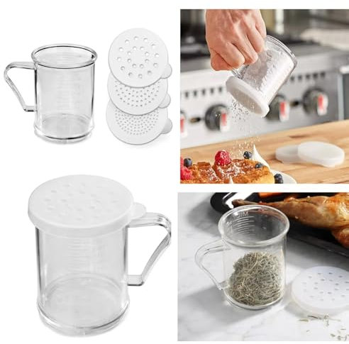 Chabrias Ltd Kitchen Shaker Dredger 3 Interchangeable Lids– Multi-Use BPA-Free Plastic Shaker with & Dual Measurement Marks (ML & Oz) – Ideal for Dusting, Decorating, and Baking