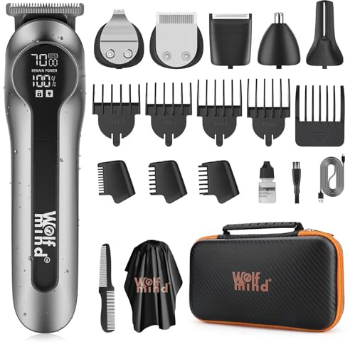 Wolf Mind 14-in-1 Beard Trimmer for Men, Hair Clippers & Electric Shaver with Nose Trimmer, Dual-Speed Motor, LED Display, 90min USB Type-C Rechargeable Grooming Kit for Face & Body – Black + Gray