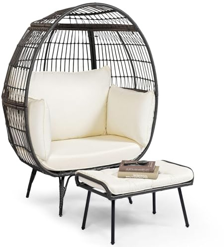 Multigot Rattan Egg Chair with Ottoman | Oversized Outdoor Indoor Egg Basket Lounge Chair with Thick Cushions, Metal Frame Freestanding Garden Sofa Chairs