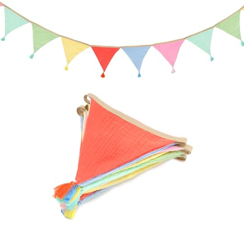 jijAcraft Wimpelkette Kinderzimmer Pastell-Regenbogen, 2,8 m mit Quasten | Doppelseitige Stoff Wimpelkette aus Musselin-Baumwolle, 12 Wimpel à 15 cm für Spielzimmer, Hausbett und Geburtstag