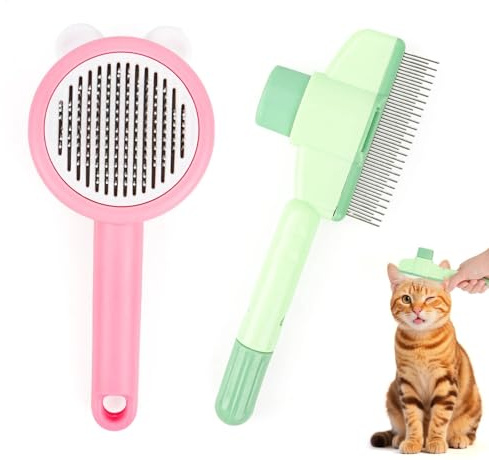 Fellblitz Bürste Katze – 2 Stück Selbstreinigende Katzenbürste & Flohkamm, Für Kurzes & Langes Haar, Entfernt Lose Haare & Flöhe, Mit Reinigungsknopf, Katzenhaarentferner