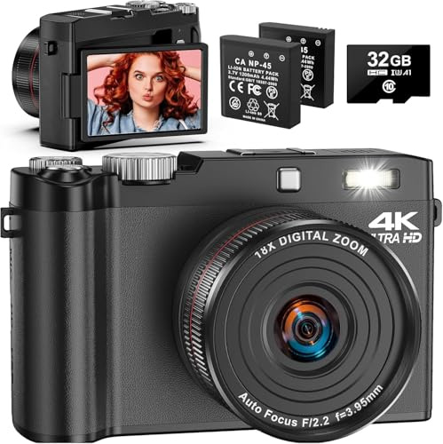 4K Digital Camera for Photography, 64MP Vlogging Camera for YouTube with 2.8 180° Flip Screen, 18X Zoom UHD Autofocus Video Camara with 32GB SD Card, 2 Batteries