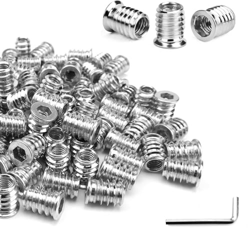 Shwdsy 100 Piezas Tuercas para Madera M6 x 15 mm, Insertos Roscados de Acero Galvanizado, Inserto Roscado Hexagonal con Rosca Interna y Externa, para Muebles y Tablas de Madera
