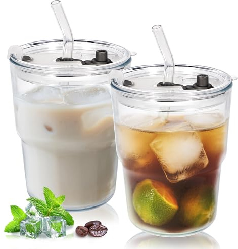 YupURStyle 13oz Glass Tumbler with Straw and Lid, Leakproof Sealable Travel Cup, 400ml Insulated Glass Cup for Iced Coffee, Tea, Juice, Water (Transparent 2Packs)