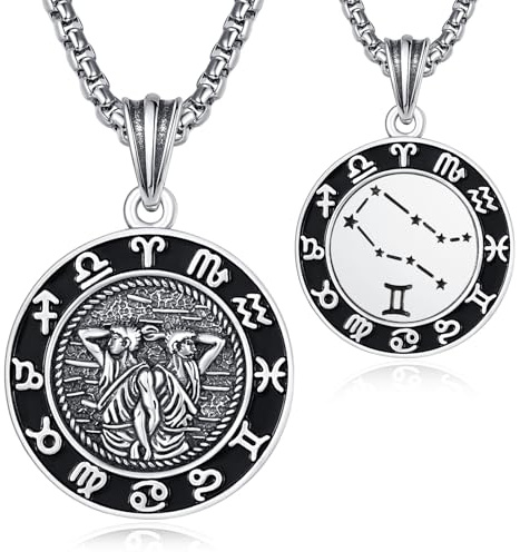 KINGWHYTE 12 Sternzeichen Anhänger Kette für Herren 925 Sterling Silber Konstellation Kette 22mm Astrologie Horoskop Anhänger Runde Tierkreiszeichen Halskette Sternbilder Schmuck Geschenke für Männer